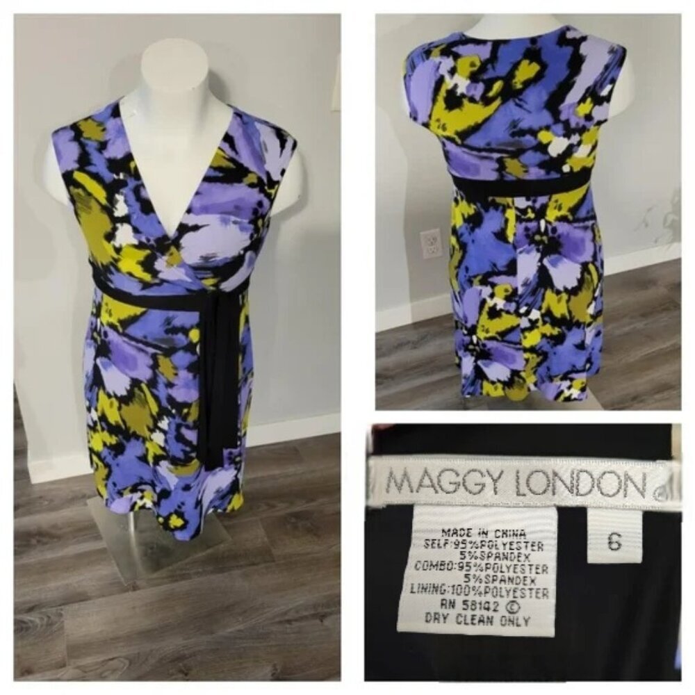 Maggy London size 6 Floral Tunic V-Neck Dress with Belted Waist Detail